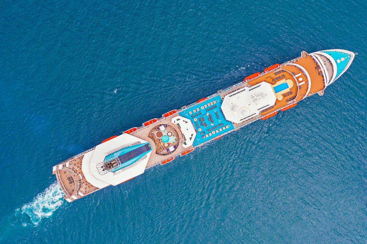 Aerial view of a cruise ship in the sea.
